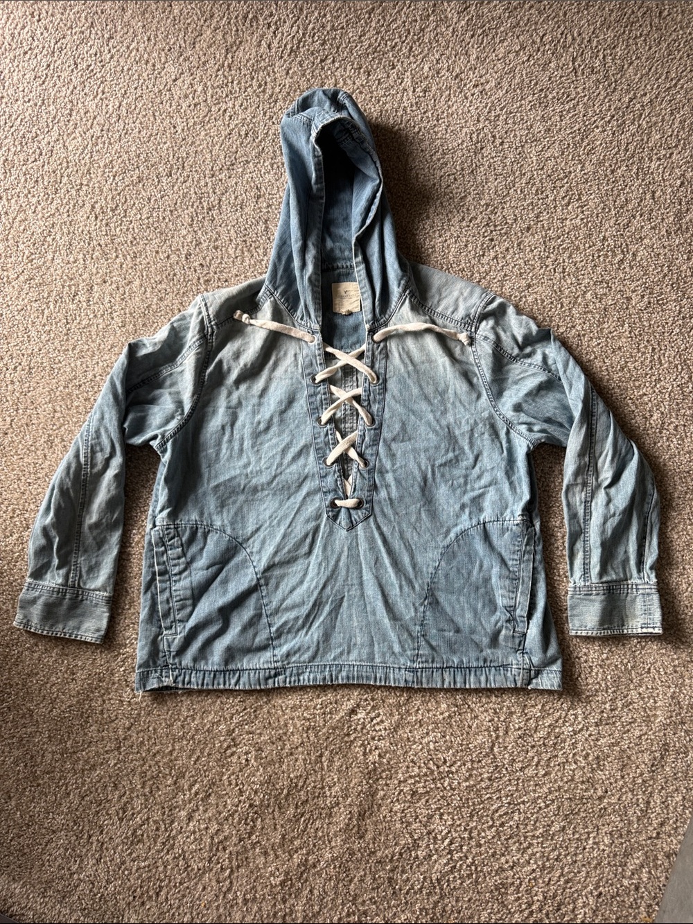 American Eagle Outfitters Light Denim Lace-Up Hooded V-Neck Sweater w/ pockets